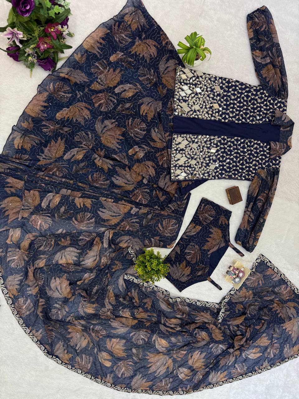 Ceremony Wear Multi Color Premium Printed Georgette Full Embroidery Work Ready To Wear Saree