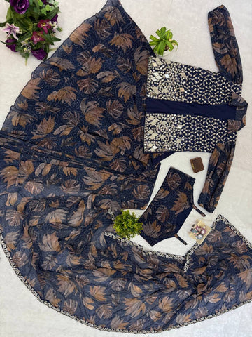Ceremony Wear Multi Color Premium Printed Georgette Full Embroidery Work Ready To Wear Saree