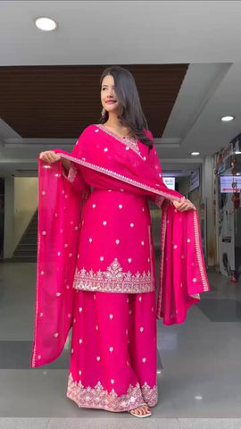 Ceremony Wear Pink Color Soft Faux Georgette Thread Embroidery With Sequin Work Designer Palazzo Suit