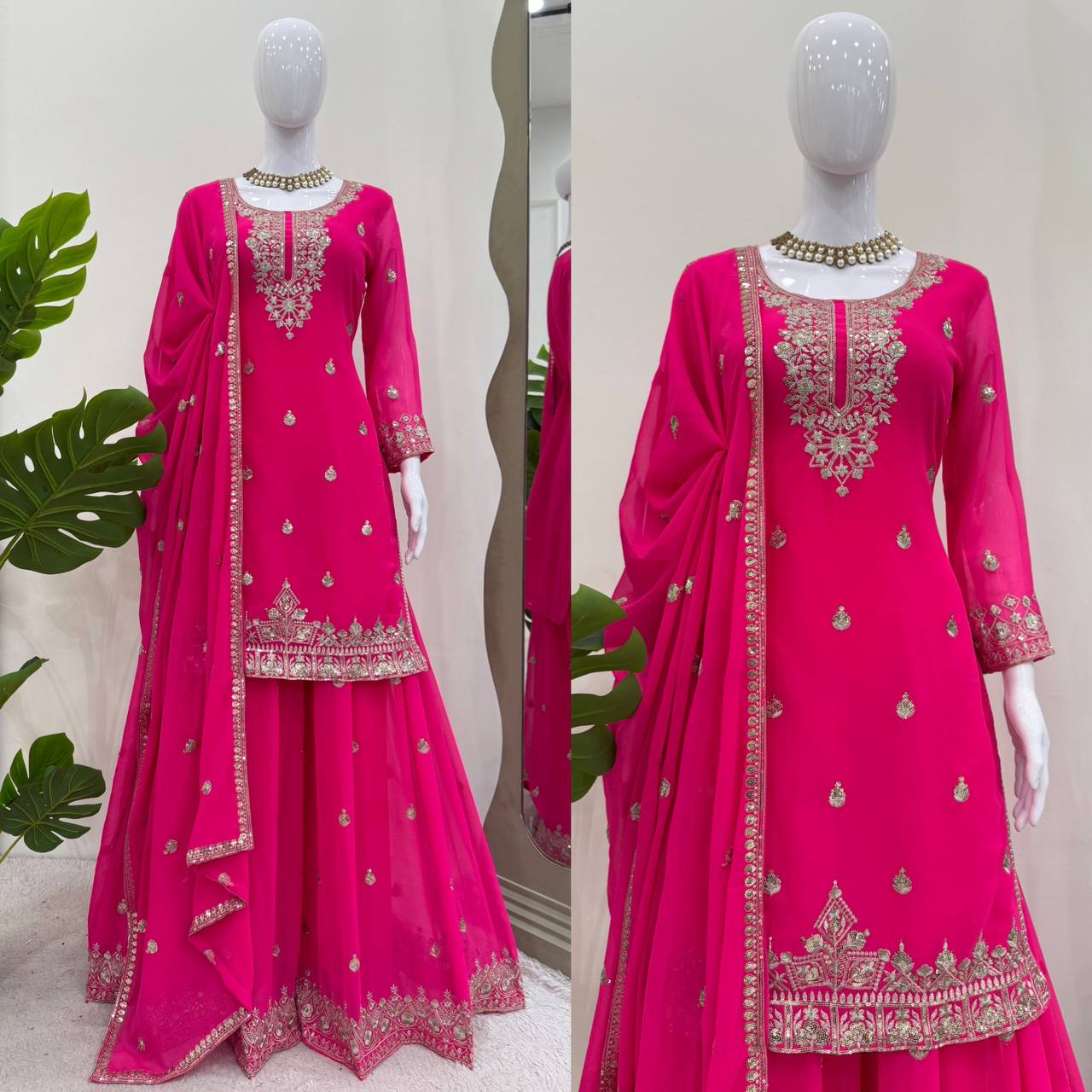 Ceremony Wear Pink Color Soft Faux Georgette Thread Embroidery With Sequin Work Designer Palazzo Suit