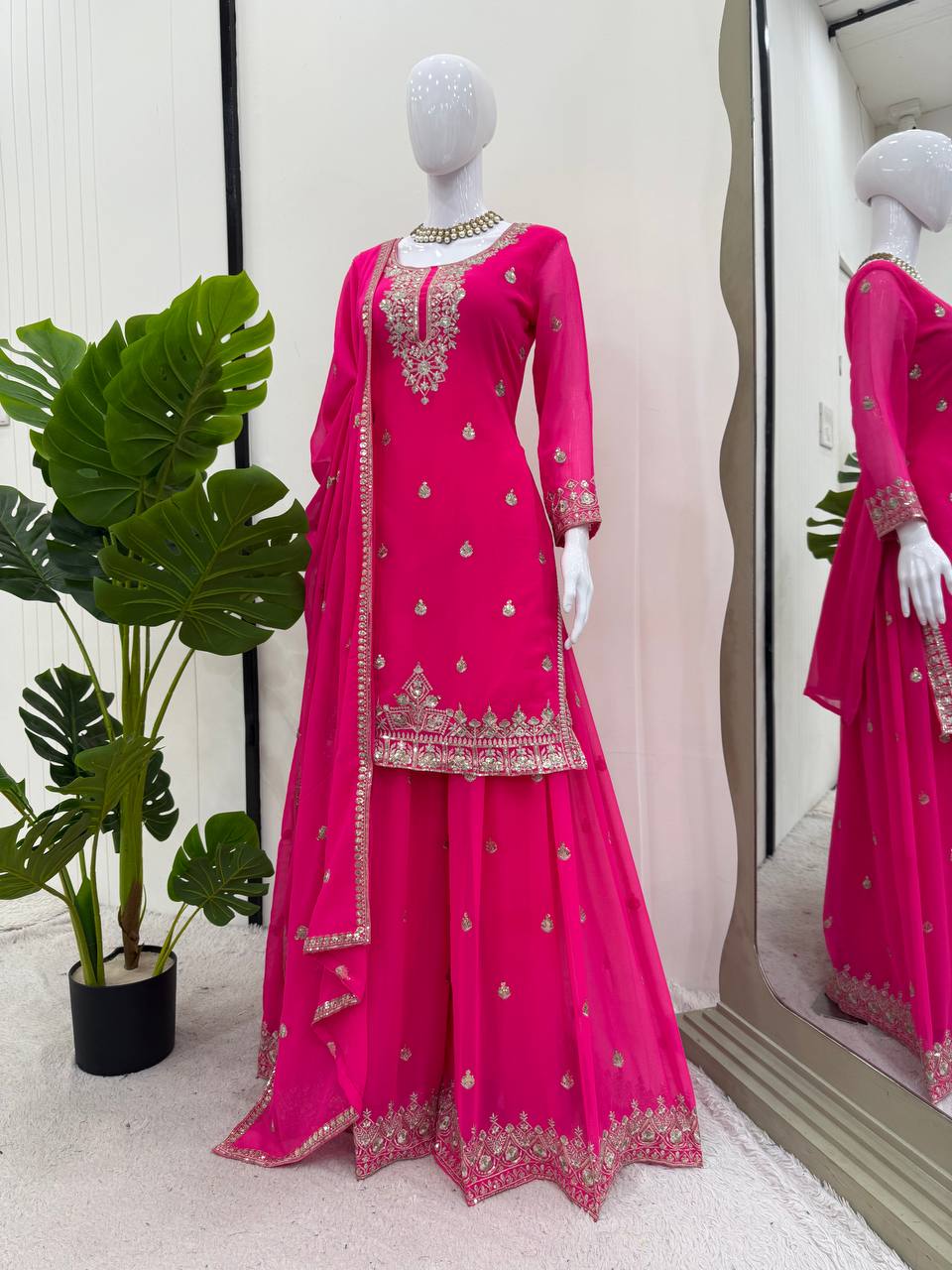 Ceremony Wear Pink Color Soft Faux Georgette Thread Embroidery With Sequin Work Designer Palazzo Suit