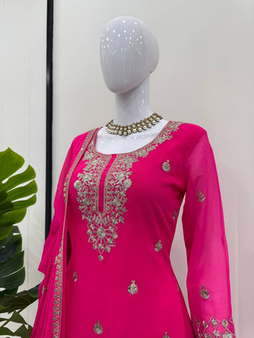 Ceremony Wear Pink Color Soft Faux Georgette Thread Embroidery With Sequin Work Designer Palazzo Suit