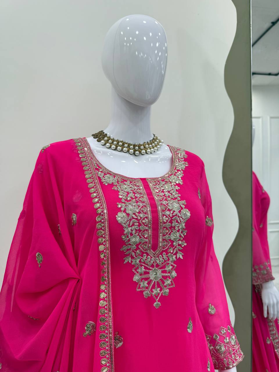 Ceremony Wear Pink Color Soft Faux Georgette Thread Embroidery With Sequin Work Designer Palazzo Suit