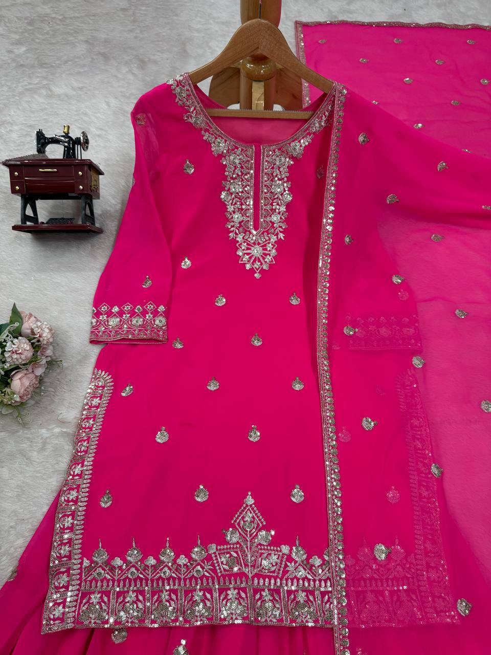 Ceremony Wear Pink Color Soft Faux Georgette Thread Embroidery With Sequin Work Designer Palazzo Suit