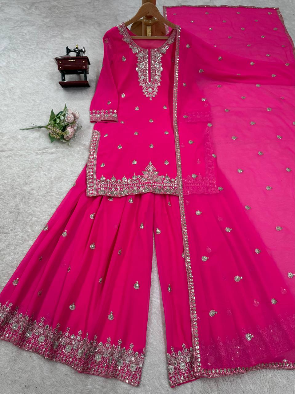 Ceremony Wear Pink Color Soft Faux Georgette Thread Embroidery With Sequin Work Designer Palazzo Suit