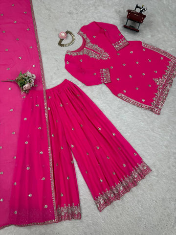 Ceremony Wear Pink Color Soft Faux Georgette Thread Embroidery With Sequin Work Designer Palazzo Suit