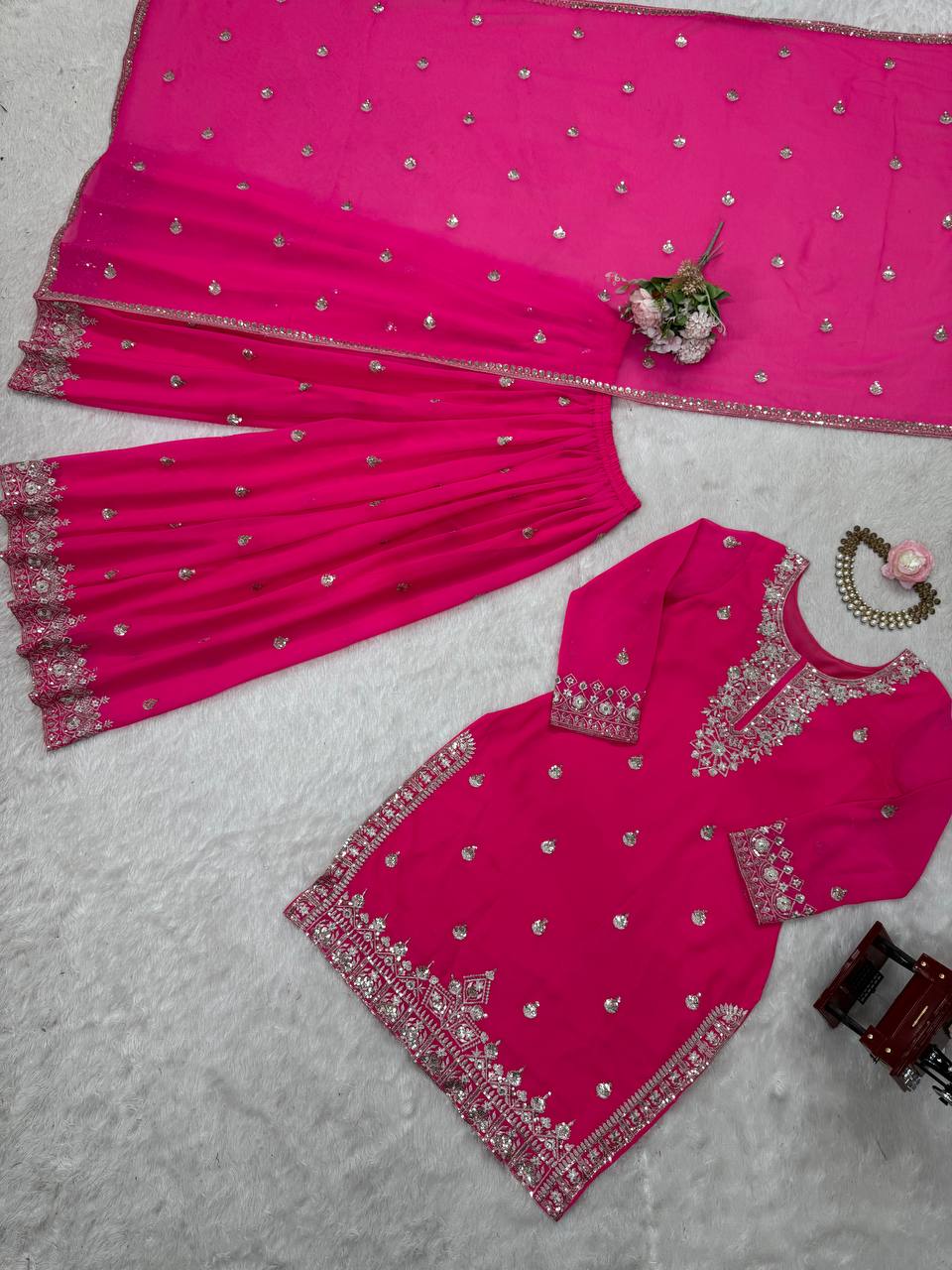 Ceremony Wear Pink Color Soft Faux Georgette Thread Embroidery With Sequin Work Designer Palazzo Suit