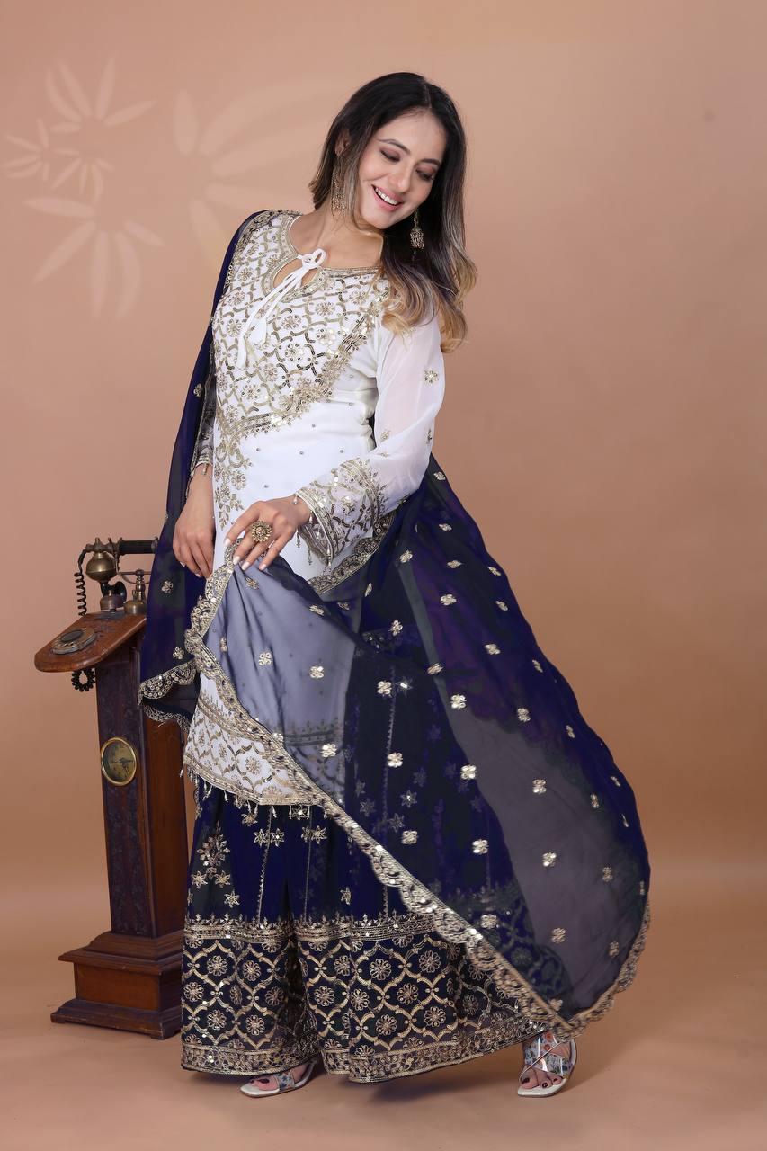 Festive Wear Navy Color Embroidery Sequence Work Sharara Suit