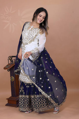 Festive Wear Navy Color Embroidery Sequence Work Sharara Suit
