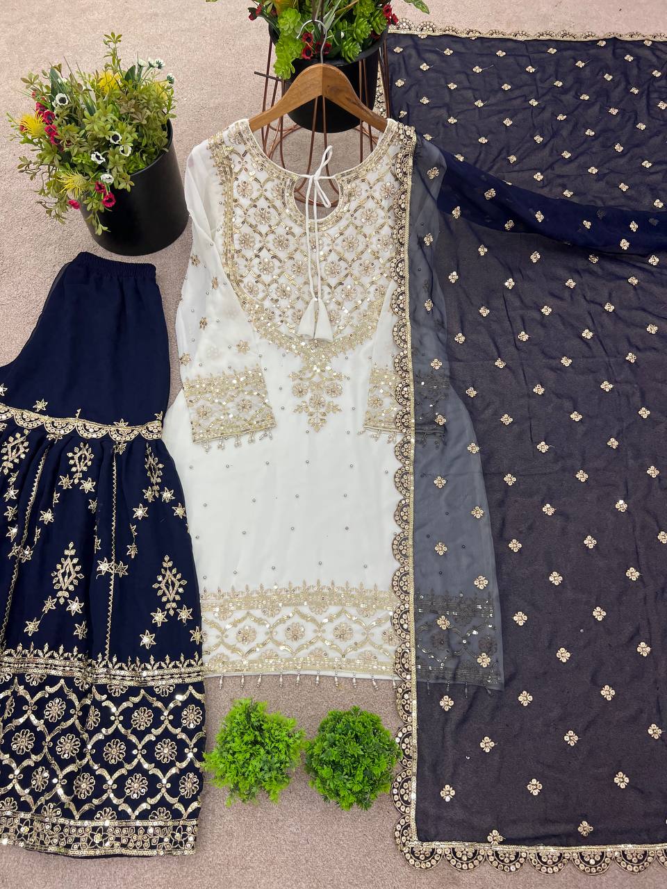 Festive Wear Navy Color Embroidery Sequence Work Sharara Suit