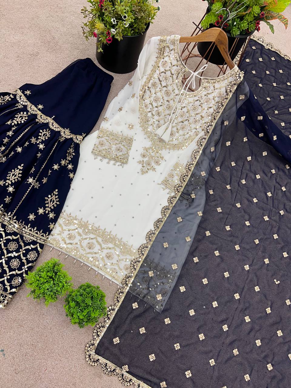 Festive Wear Navy Color Embroidery Sequence Work Sharara Suit