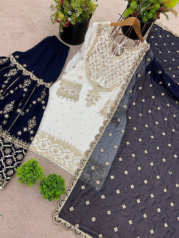 Festive Wear Navy Color Embroidery Sequence Work Sharara Suit