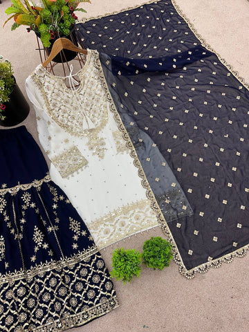 Festive Wear Navy Color Embroidery Sequence Work Sharara Suit