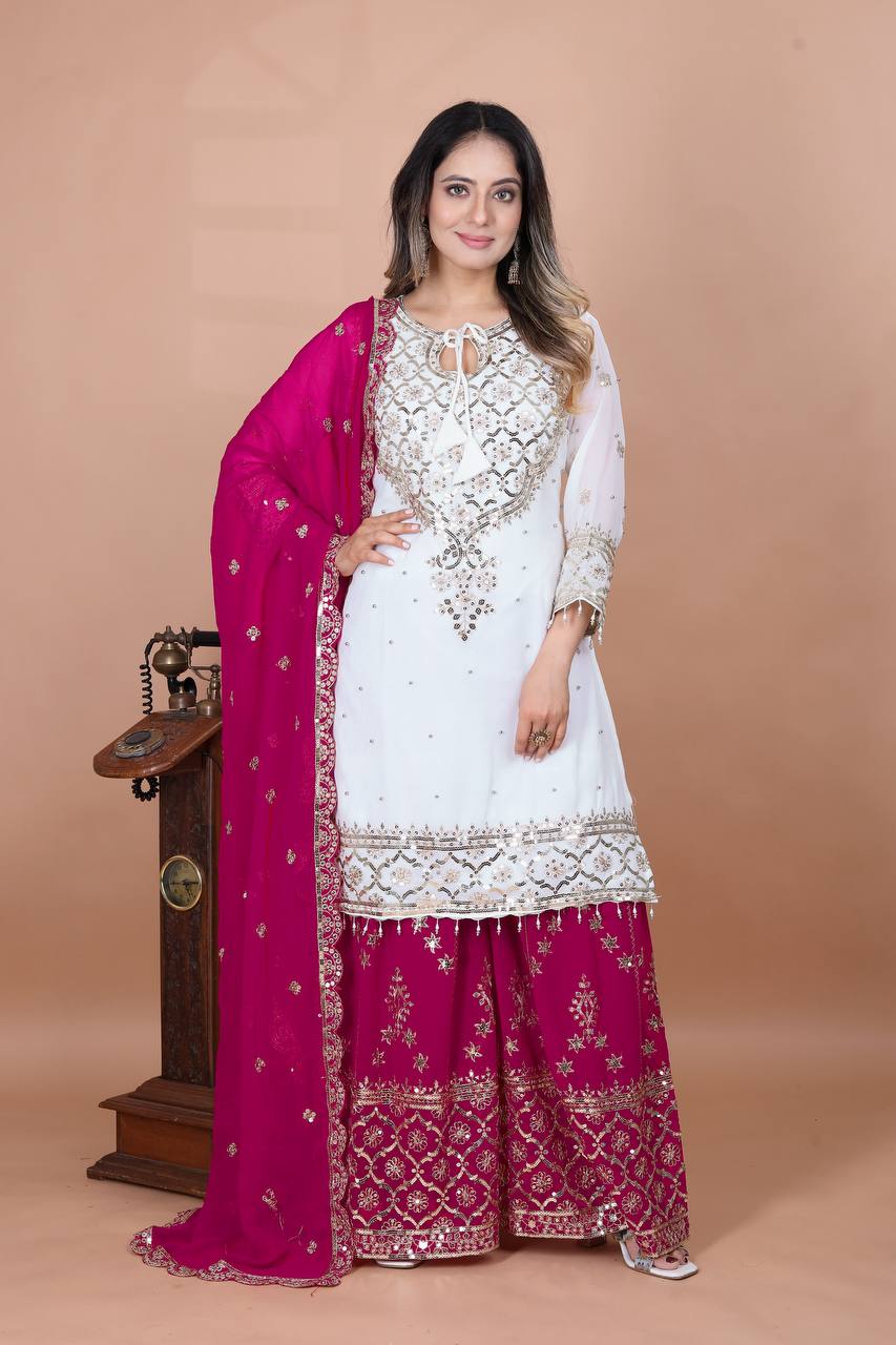 Festive Wear Pink Color Embroidery Sequence Work Sharara Suit