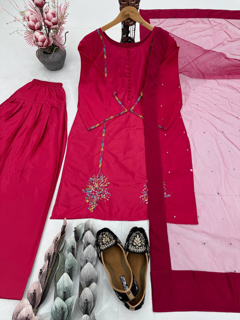 Designer Red Color Heavy Natural Crepe Embroidered Top Palazzo With Dupatta Set