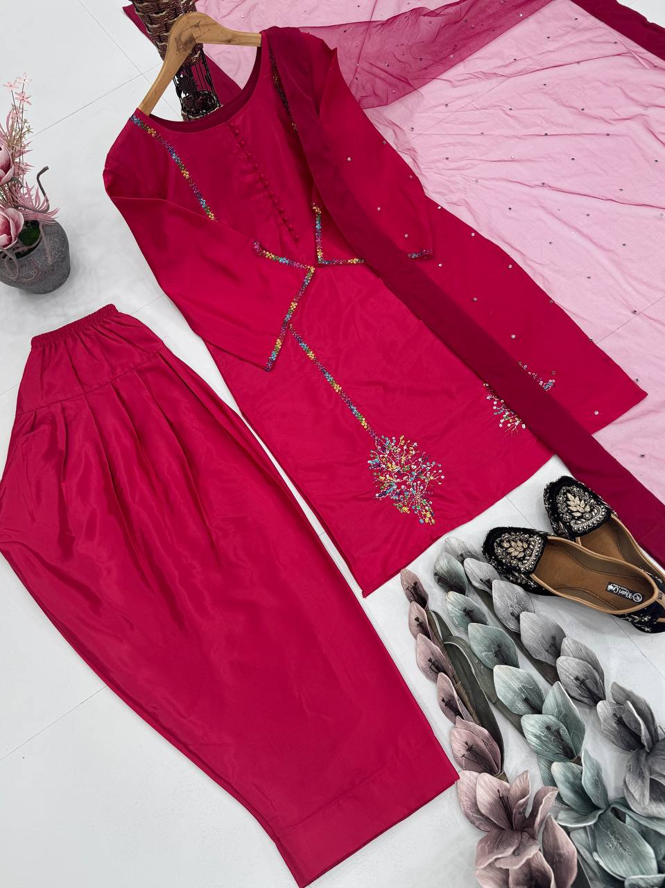 Designer Red Color Heavy Natural Crepe Embroidered Top Palazzo With Dupatta Set