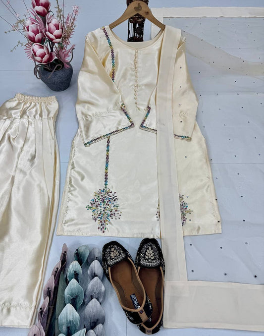 Designer Off White Color Heavy Natural Crepe Embroidered Top Palazzo With Dupatta Set