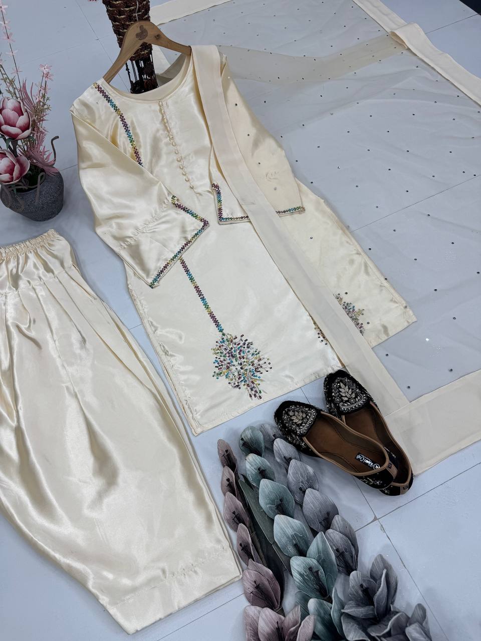 Designer Off White Color Heavy Natural Crepe Embroidered Top Palazzo With Dupatta Set