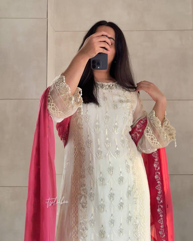 Party Wear Off White Color Embroidery And Sequin Work Salwar Suit