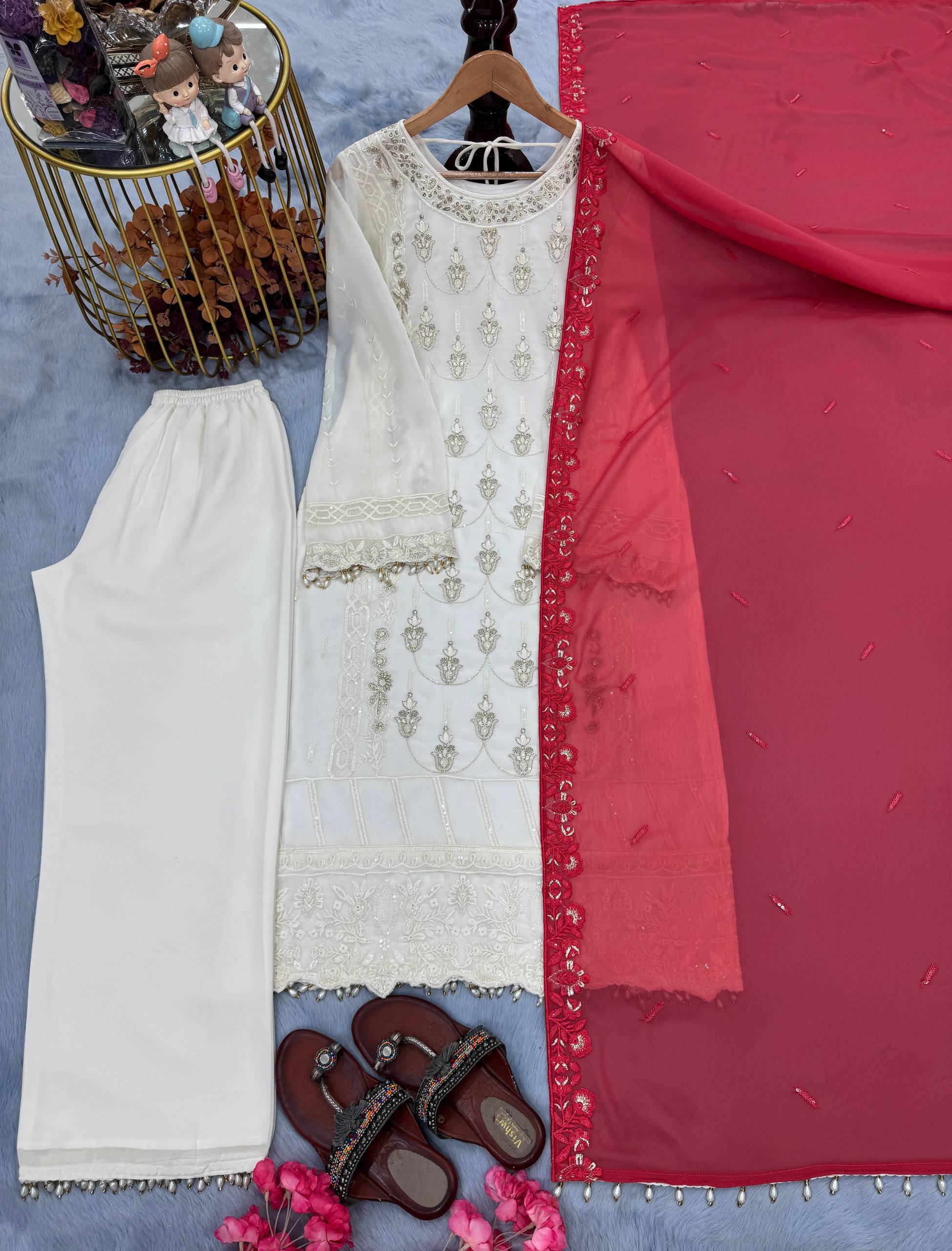 Party Wear Off White Color Embroidery And Sequin Work Salwar Suit