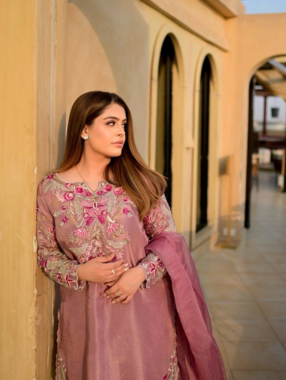 Party Wear Lavender Color Natural Crepe Silk Delicate Embroidery And Sequin Work Palazzo Suit