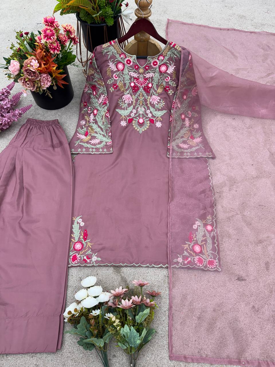 Party Wear Lavender Color Natural Crepe Silk Delicate Embroidery And Sequin Work Palazzo Suit