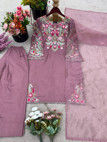Party Wear Lavender Color Natural Crepe Silk Delicate Embroidery And Sequin Work Palazzo Suit