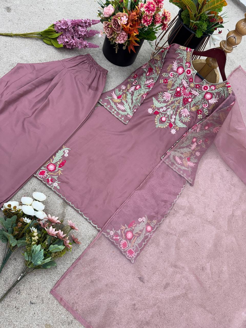 Party Wear Lavender Color Natural Crepe Silk Delicate Embroidery And Sequin Work Palazzo Suit