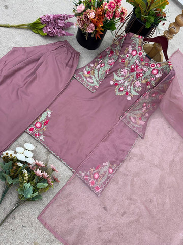 Party Wear Lavender Color Natural Crepe Silk Delicate Embroidery And Sequin Work Palazzo Suit