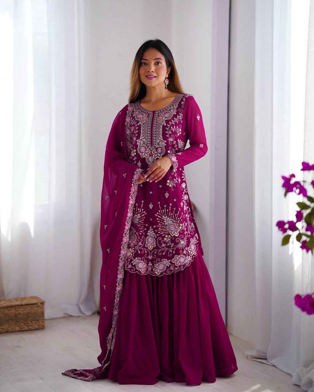Party Wear Wine Color Faux Georgette And Thread With Sequence Work Designer Sharara Suit