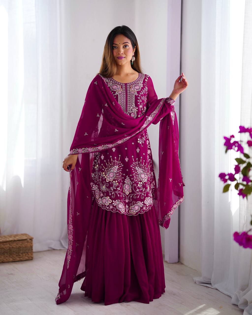 Party Wear Wine Color Faux Georgette And Thread With Sequence Work Designer Sharara Suit