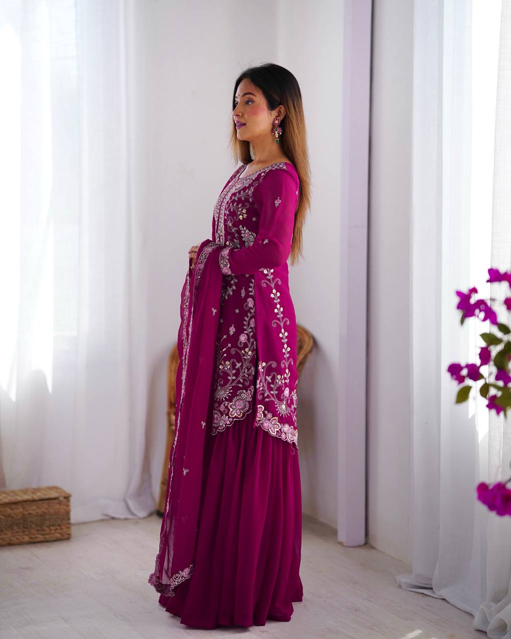 Party Wear Wine Color Faux Georgette And Thread With Sequence Work Designer Sharara Suit