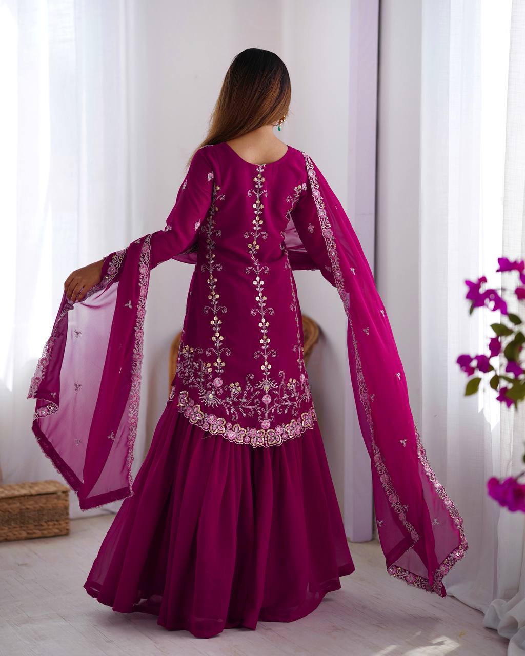 Party Wear Wine Color Faux Georgette And Thread With Sequence Work Designer Sharara Suit