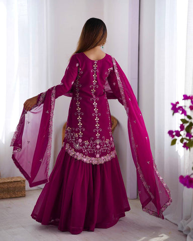 Party Wear Wine Color Faux Georgette And Thread With Sequence Work Designer Sharara Suit