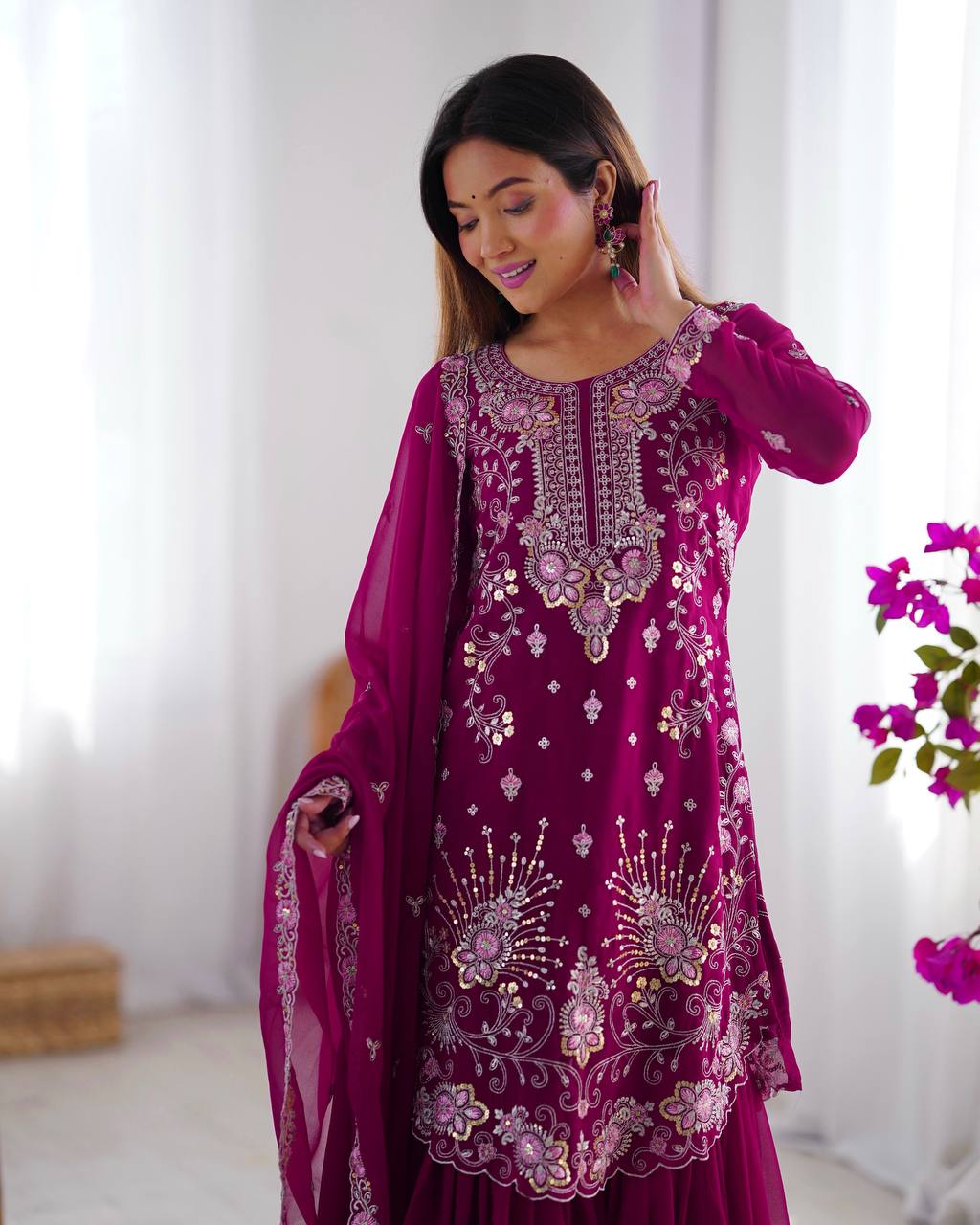 Party Wear Wine Color Faux Georgette And Thread With Sequence Work Designer Sharara Suit