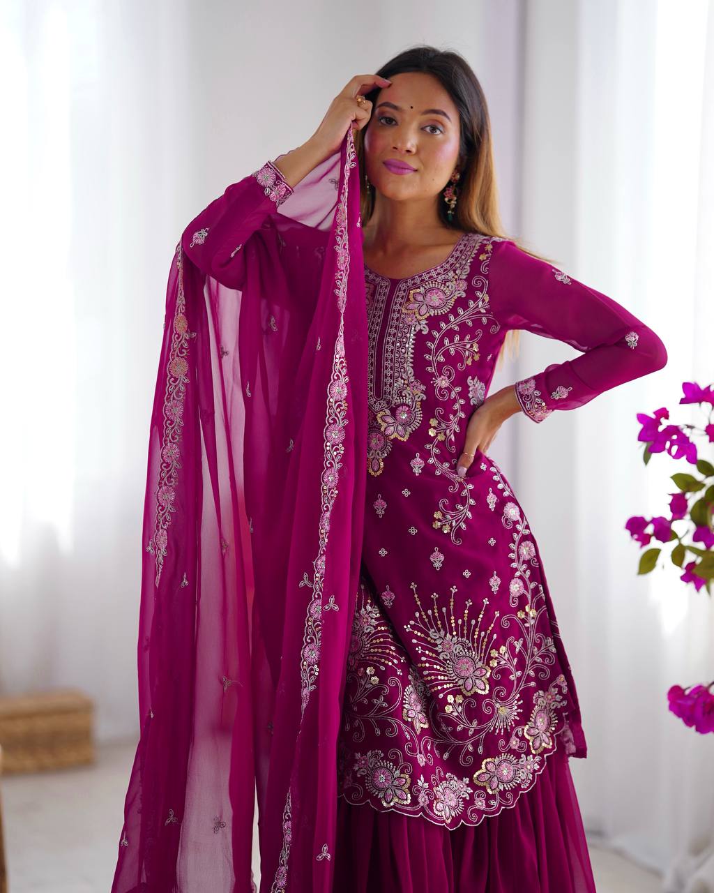 Party Wear Wine Color Faux Georgette And Thread With Sequence Work Designer Sharara Suit