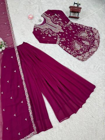Party Wear Wine Color Faux Georgette And Thread With Sequence Work Designer Sharara Suit