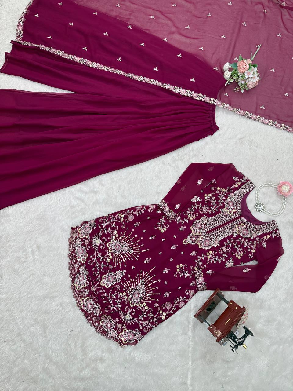 Party Wear Wine Color Faux Georgette And Thread With Sequence Work Designer Sharara Suit