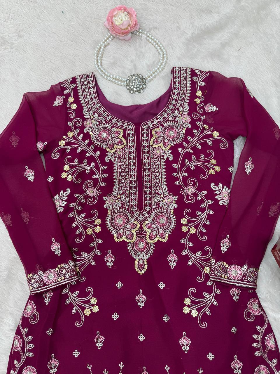 Party Wear Wine Color Faux Georgette And Thread With Sequence Work Designer Sharara Suit