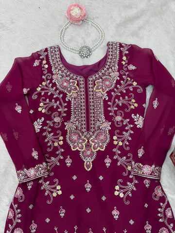 Party Wear Wine Color Faux Georgette And Thread With Sequence Work Designer Sharara Suit