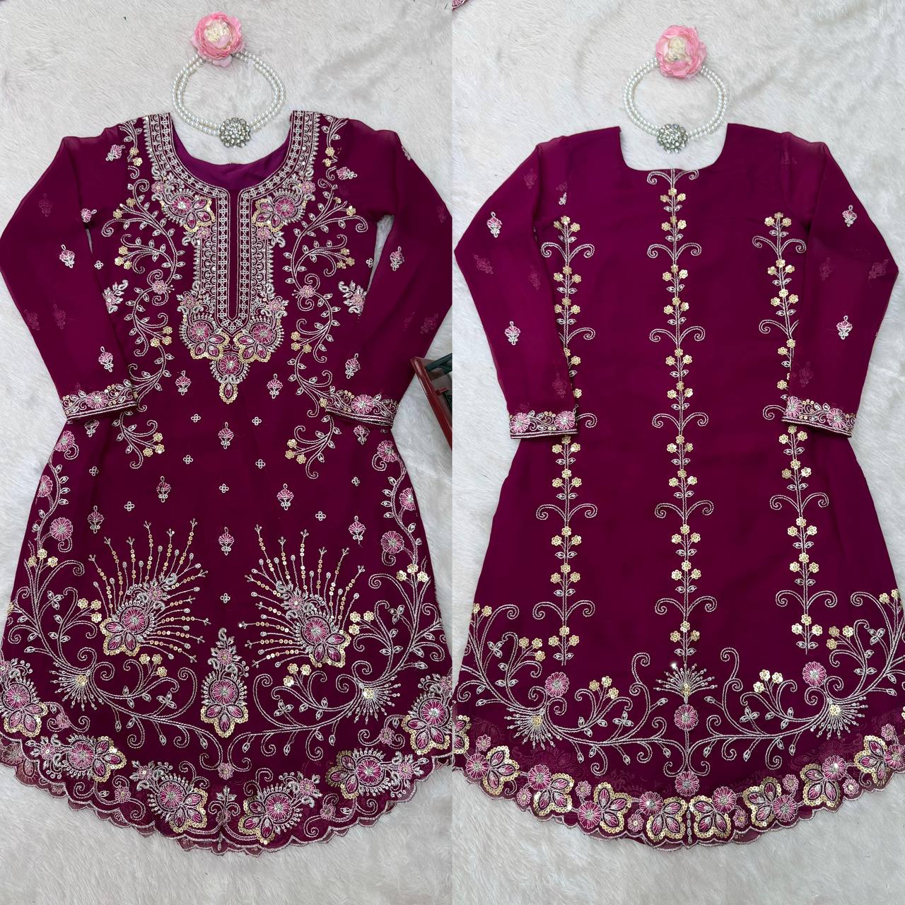 Party Wear Wine Color Faux Georgette And Thread With Sequence Work Designer Sharara Suit