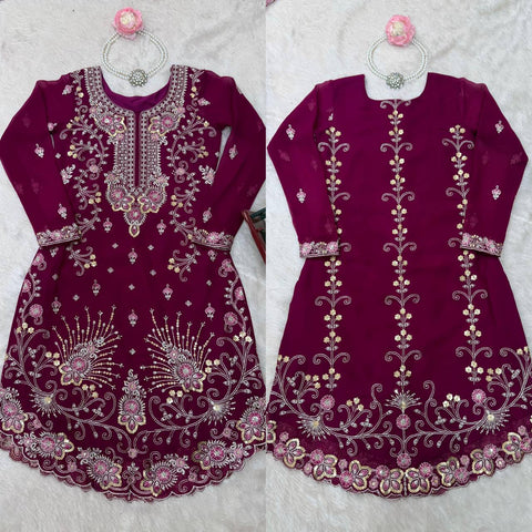 Party Wear Wine Color Faux Georgette And Thread With Sequence Work Designer Sharara Suit