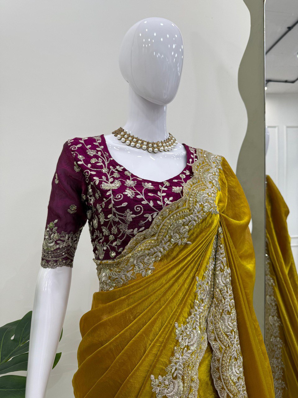 Wedding Wear Mustard Color Thread Embroidery Work Beautiful Saree