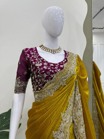 Wedding Wear Mustard Color Thread Embroidery Work Beautiful Saree