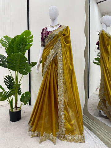 Wedding Wear Mustard Color Thread Embroidery Work Beautiful Saree