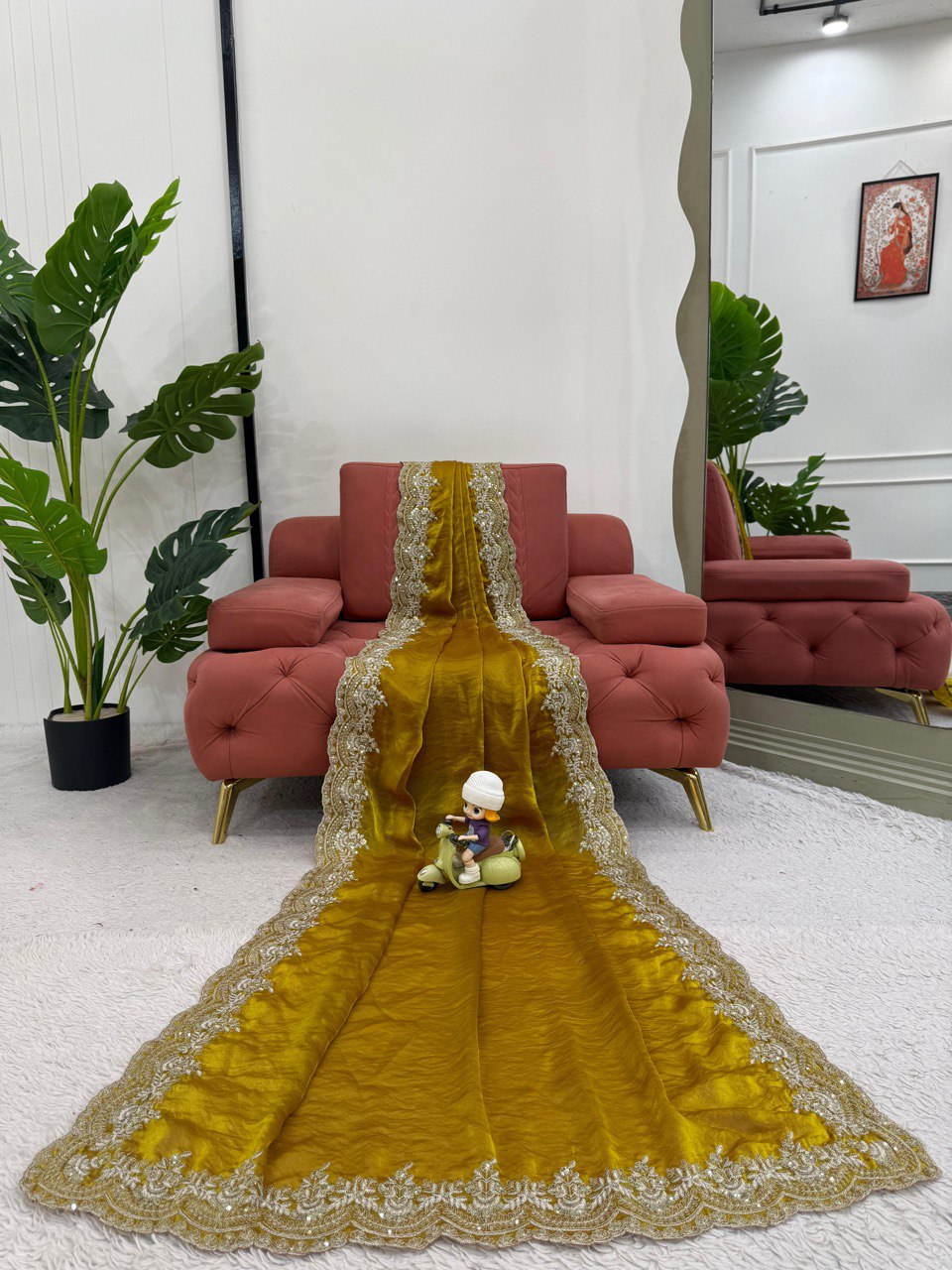 Wedding Wear Mustard Color Thread Embroidery Work Beautiful Saree