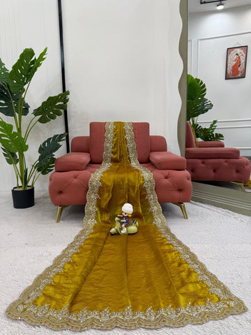 Wedding Wear Mustard Color Thread Embroidery Work Beautiful Saree