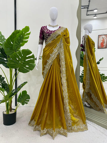 Wedding Wear Mustard Color Thread Embroidery Work Beautiful Saree
