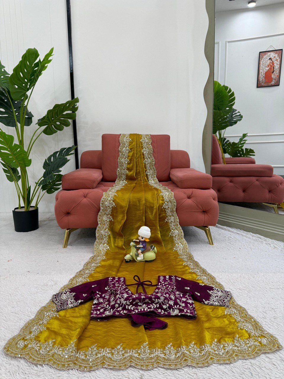 Wedding Wear Mustard Color Thread Embroidery Work Beautiful Saree
