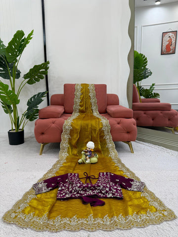 Wedding Wear Mustard Color Thread Embroidery Work Beautiful Saree